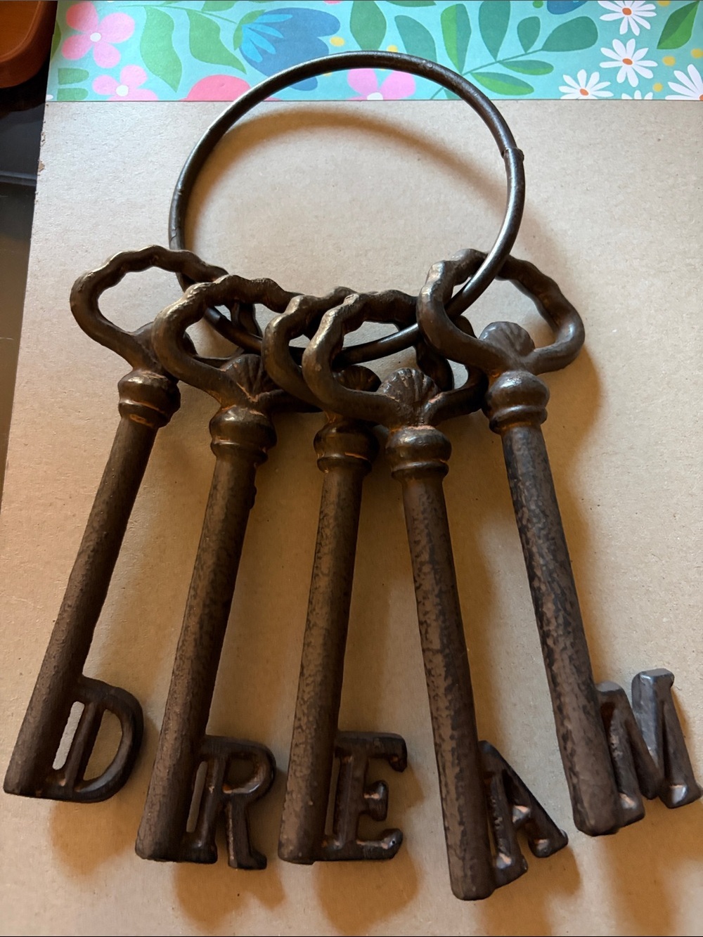 Solid cast Iron keys -5 with ring each key has a letter spells DREAM 9” Rustic.